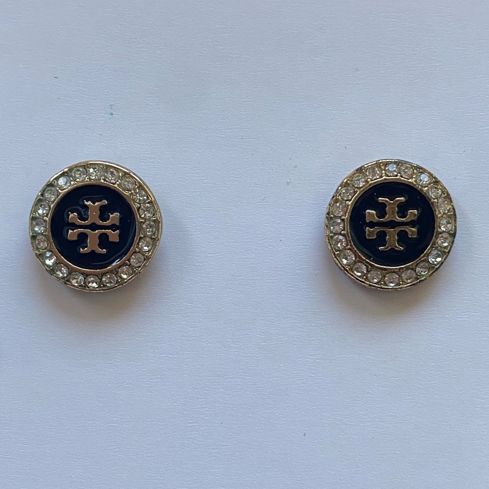 Tory Burch Black and Gold Enamel stud earrings.
